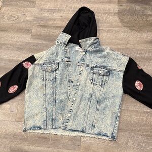 First Love Blue Jean Jacket with Black Sleeves with footballs on them